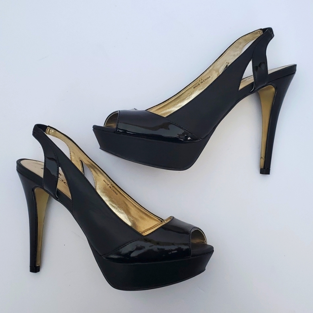 BEBE NEW Size 7.5 black sling-back platform heels peek-a-boo toe